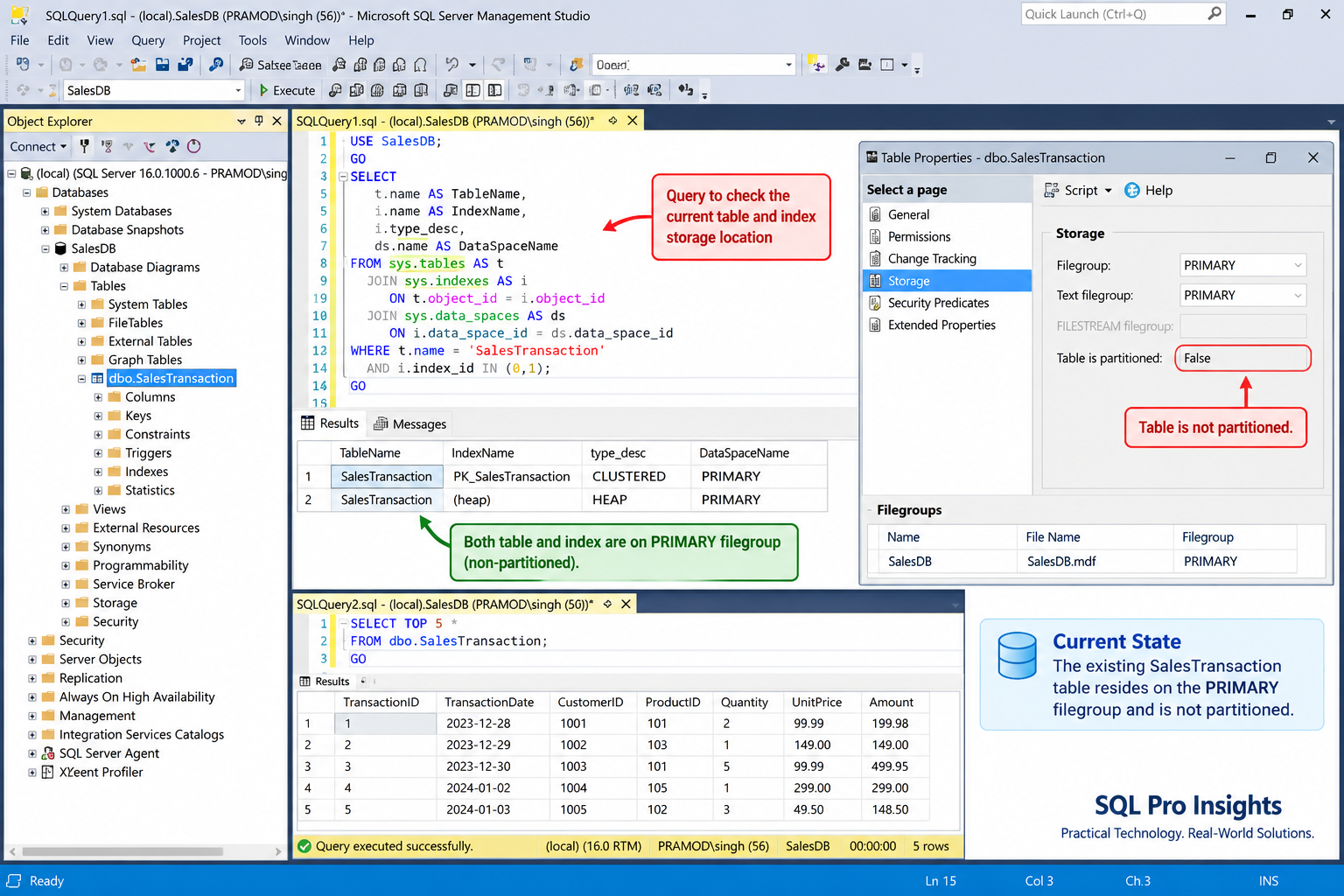 Existing SalesTransaction table in SSMS
