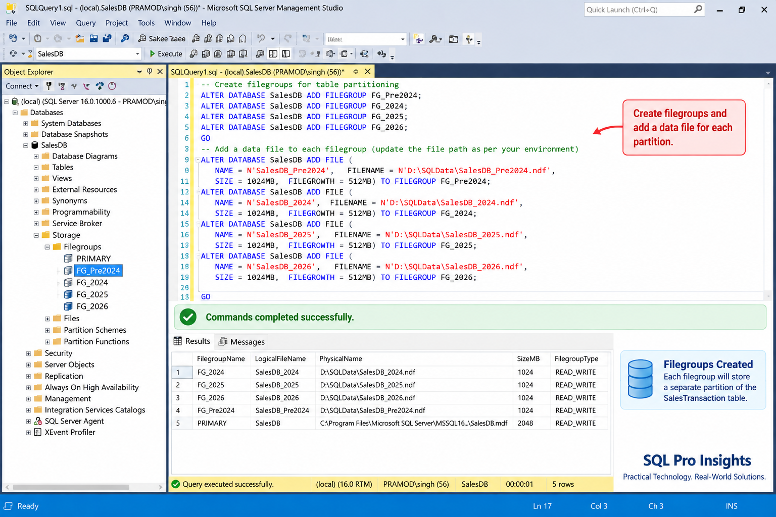 SQL Server partition filegroups in SSMS