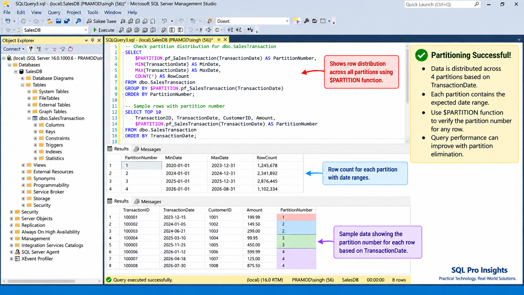 SQL Server partition results in SSMS